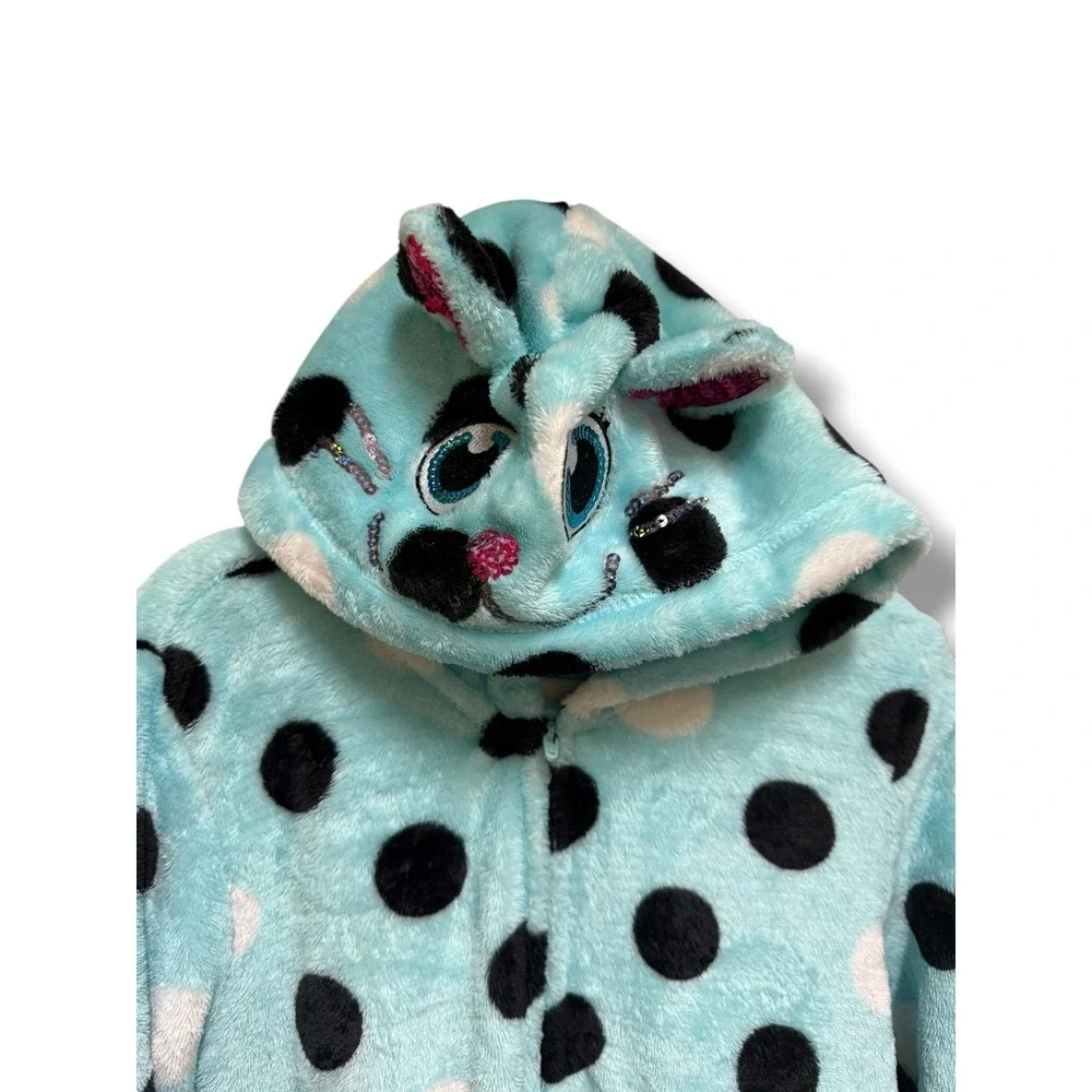 Justice Girls Blue Polka Dot Cat Hood Plush Fleece‎ One Piece Pajamas Size 8
